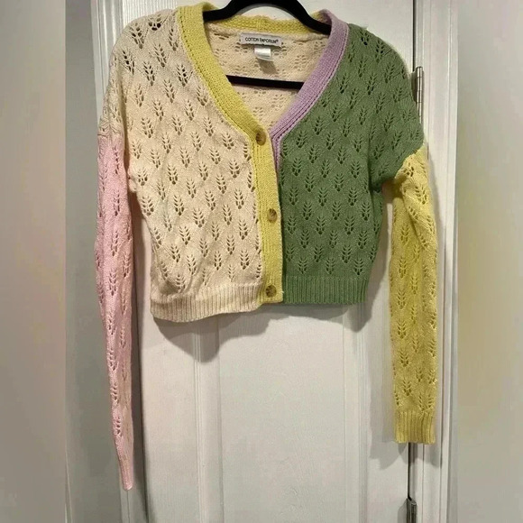 Cotton Emporium Cropped Open Knit Color Block V Neck Button Cardigan Size M - Picture 1 of 8